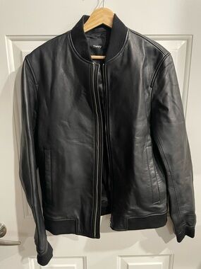 Theory Black Leather Bomber Jacket
